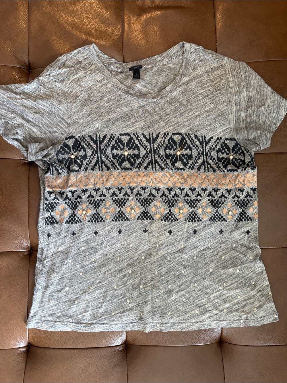 J. Crew Gray Short-Sleeve Tee with Black and Copper Geometric Band